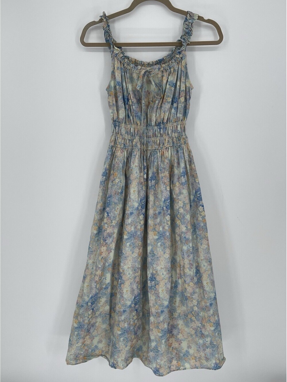 Unique Design Floral Maxi Dress M Smocked Waist Ruffle Strap Cottagecore Lined